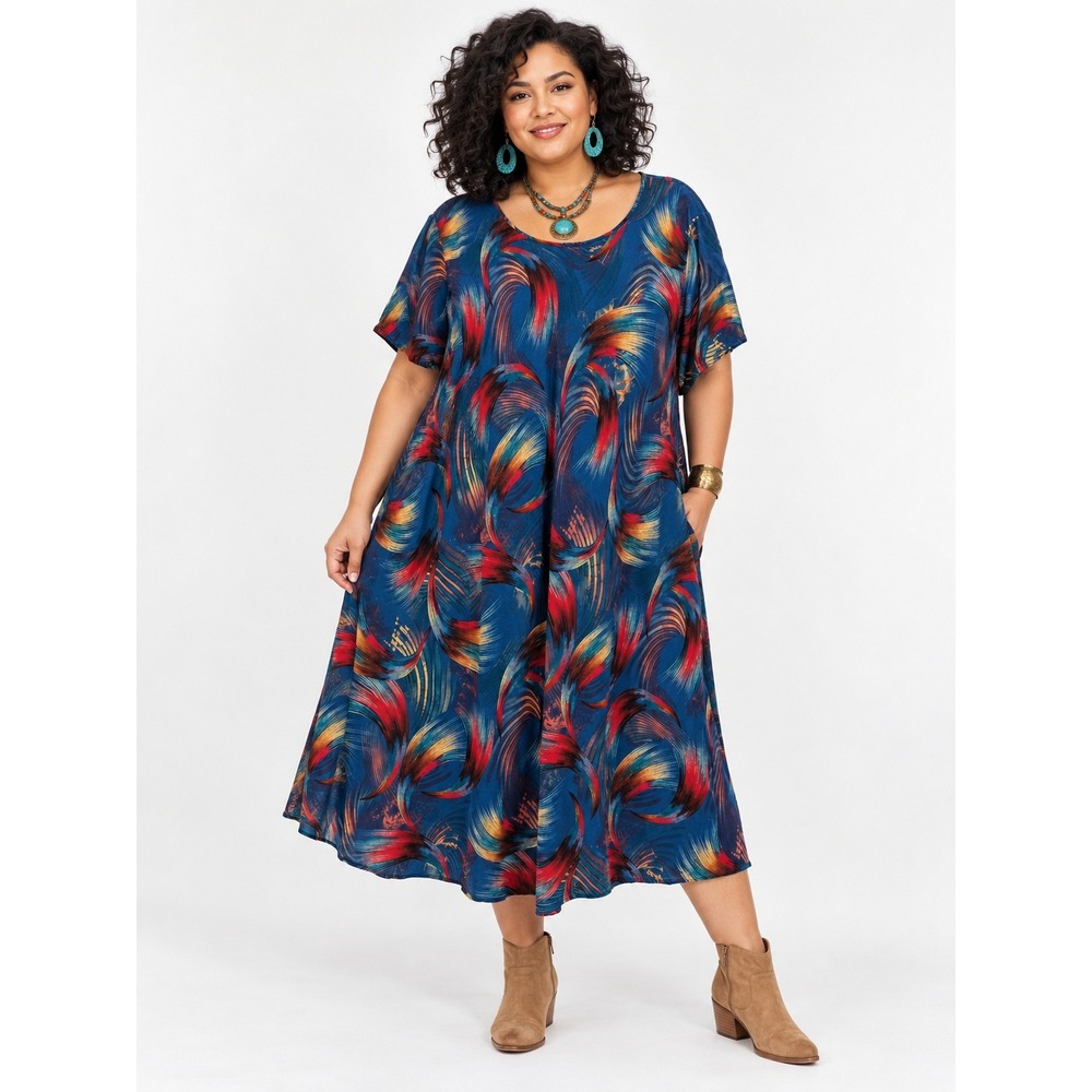Boho Whimsigoth Artsy Flowy Blue Red Gold Abstract Feather Print Midi 2XL Dress